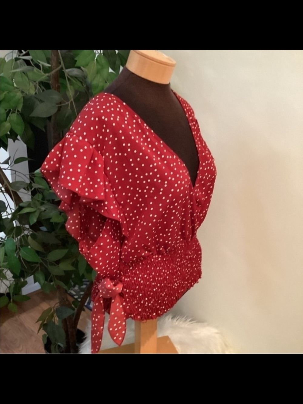 Shein 4x Red Polka Dot Wrap-Style Smocked Waist Top - Picture 2 of 2